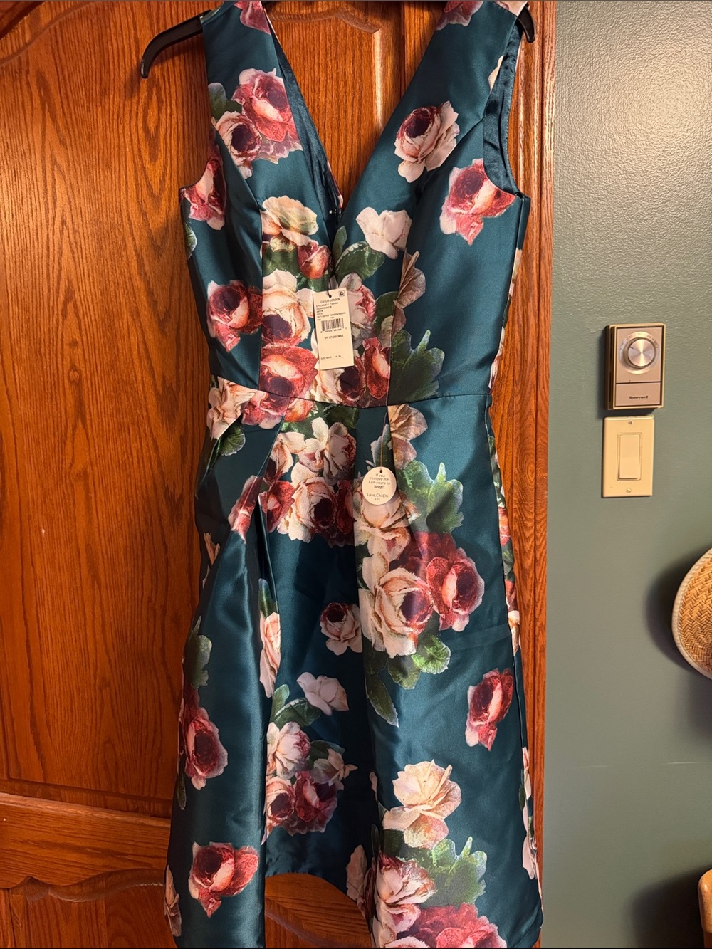 Chi Chi London Teal Floral Satin Prom Dress